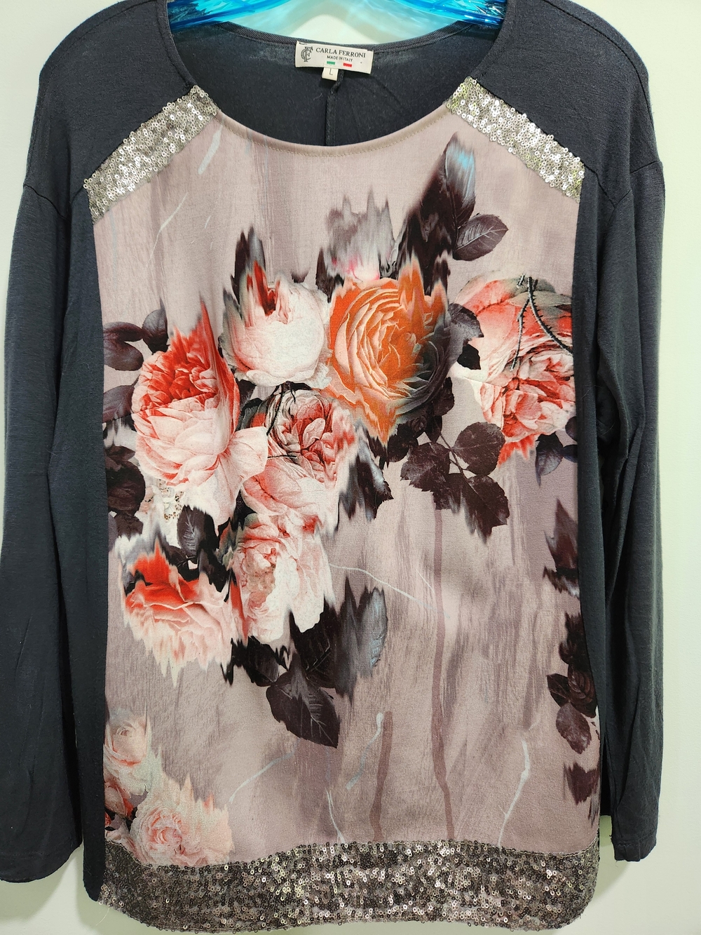 Floral Sequin-Trim Long Sleeve Top - Pink/Charcoal